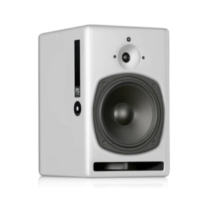 PSI Audio A21-M white studio monitor with black woofer, tweeter, front bass port, on a plain white background.