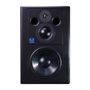 Quested V3110 black studio monitor with woofer, midrange, tweeter, and blue logo on front panel, shown on white background.