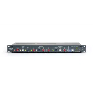 Rupert Neve Newton Channel rackmount audio gear with dark gray panel, multiple knobs, switches, LEDs; labeled sections visible.