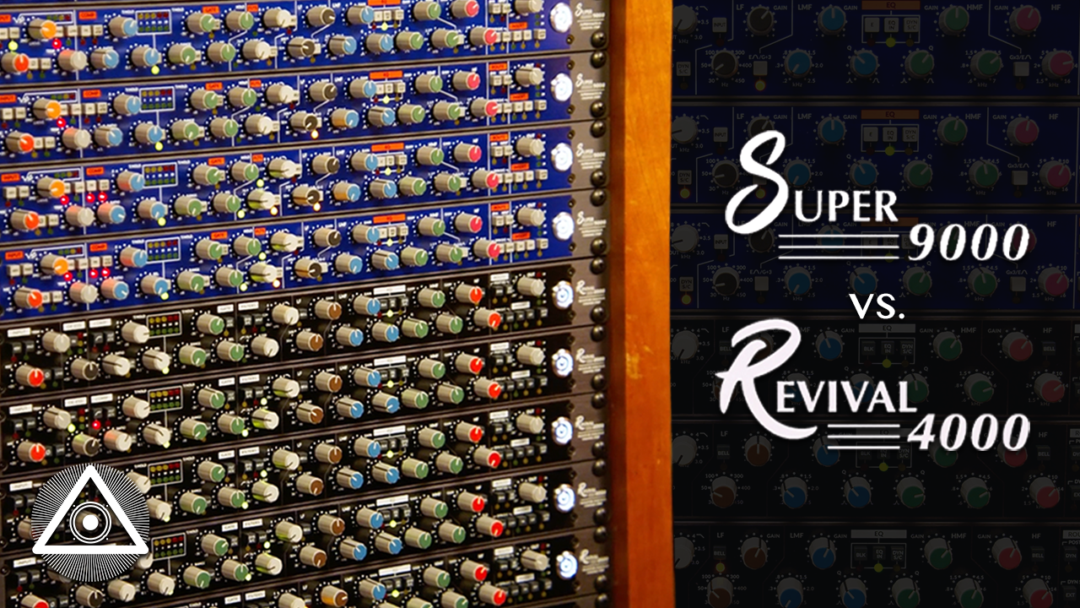 Rackmounted audio mixers with colorful knobs; text: Super 9000 vs. Revival 4000, triangle logo at lower left.